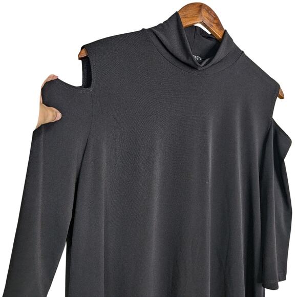 Clara Sun Woo Black Cold Shoulder Top L Mock Neck Tunic Jersey Knit Stretch - Picture 4 of 11